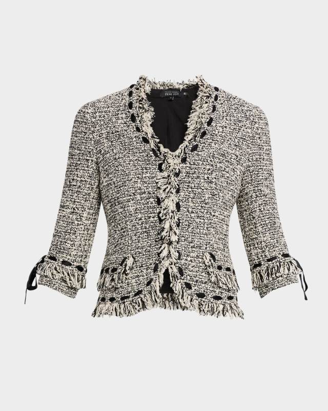Ribbon-Trim Fringed Tweed Jacket